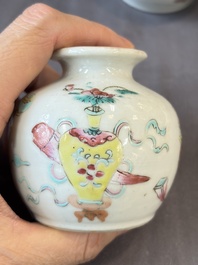 A Chinese green crackle-glazed vase on wooden stand and two famille rose 'Roosters' and 'Antiquities' water pots, 19th C.