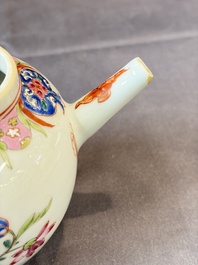 A Chinese famille rose teapot and cover with floral design and three cups, Qianlong