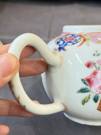 A Chinese famille rose teapot and cover with floral design and three cups, Qianlong