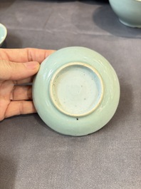 Seven Chinese blue and white, famille rose, and celadon wares, 18/19th C.