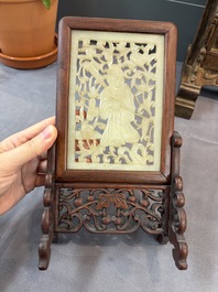 A pair of Chinese jade-inset wooden table screens, a jade-inset wooden ruyi with its original stand and a jade 'bi' disc on a wooden stand, 19/20th C.