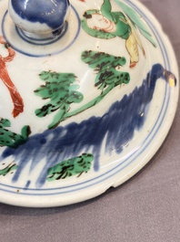 A Chinese wucai covered vase with narrative design and a jar mounted as a wine cooler, Transitional period