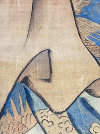Chinese school: 'Magu Xianshou 麻姑獻壽', ink and colour on silk, signed Ping Yang Ji Xiang 平陽吉祥, 19th C.