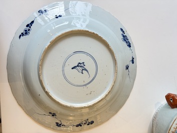 A Chinese famille rose covered 'Goats' tureen and a blue and white 'Floral' dish, Kangxi/Qianlong