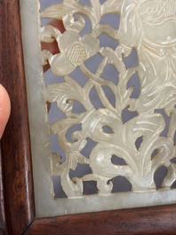 A pair of Chinese jade-inset wooden table screens, a jade-inset wooden ruyi with its original stand and a jade 'bi' disc on a wooden stand, 19/20th C.