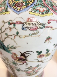 A pair of Chinese famille rose 'Roosters' vases and covers, 19th C.