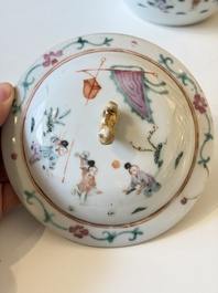 Two Chinese famille rose covered bowls and three grisaille saucers, Tongzhi and Qinghua Ciye Gongsi 慶華瓷業公司 marks, one signed Zi Wen 子文, 19/20th C.