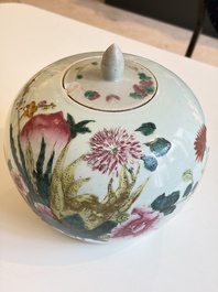 Two Chinese famille rose 'Birds among Flowering Branches' covered vases and a covered jar, 19/20th C.