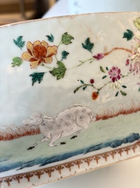A Chinese famille rose covered 'Goats' tureen and a blue and white 'Floral' dish, Kangxi/Qianlong