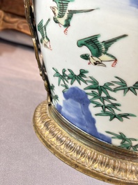 A Chinese wucai covered vase with narrative design and a jar mounted as a wine cooler, Transitional period