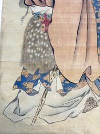 Chinese school: 'Magu Xianshou 麻姑獻壽', ink and colour on silk, signed Ping Yang Ji Xiang 平陽吉祥, 19th C.