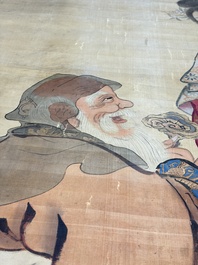 Chinese school: 'Magu Xianshou 麻姑獻壽', ink and colour on silk, signed Ping Yang Ji Xiang 平陽吉祥, 19th C.