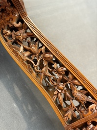 A pair of Chinese jade-inset wooden table screens, a jade-inset wooden ruyi with its original stand and a jade 'bi' disc on a wooden stand, 19/20th C.
