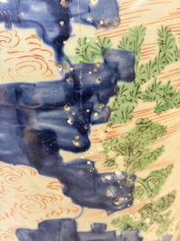 A Chinese wucai covered vase with narrative design and a jar mounted as a wine cooler, Transitional period