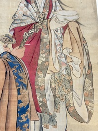 Chinese school: 'Magu Xianshou 麻姑獻壽', ink and colour on silk, signed Ping Yang Ji Xiang 平陽吉祥, 19th C.