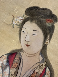 Chinese school: 'Magu Xianshou 麻姑獻壽', ink and colour on silk, signed Ping Yang Ji Xiang 平陽吉祥, 19th C.