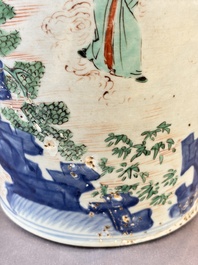 A Chinese wucai covered vase with narrative design and a jar mounted as a wine cooler, Transitional period