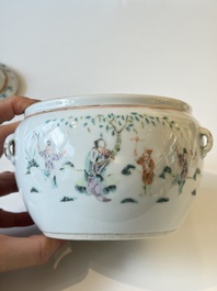 Two Chinese famille rose covered bowls and three grisaille saucers, Tongzhi and Qinghua Ciye Gongsi 慶華瓷業公司 marks, one signed Zi Wen 子文, 19/20th C.