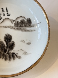 Two Chinese famille rose covered bowls and three grisaille saucers, Tongzhi and Qinghua Ciye Gongsi 慶華瓷業公司 marks, one signed Zi Wen 子文, 19/20th C.