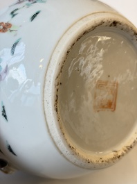 Two Chinese famille rose covered bowls and three grisaille saucers, Tongzhi and Qinghua Ciye Gongsi 慶華瓷業公司 marks, one signed Zi Wen 子文, 19/20th C.