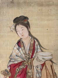 Chinese school: 'Magu Xianshou 麻姑獻壽', ink and colour on silk, signed Ping Yang Ji Xiang 平陽吉祥, 19th C.