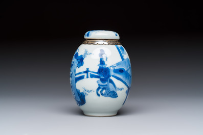 A silver-mounted Chinese blue and white tea caddy and cover, artemisia leaf mark, Kangxi