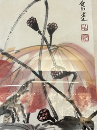 In the manner of Qi Baishi (1864-1957): 'Kingfishers Among Lotus', ink and colour on paper, signed