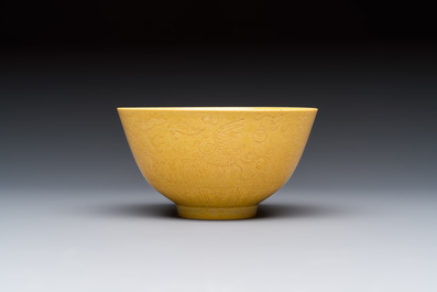 A Chinese yellow-glazed incised 'Dragon and Phoenix' bowl, Xianfeng mark and of the period