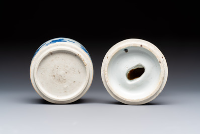 A rare Japanese blue and white 'Pipe Smoker' incense burner and cover, Edo, 17th C.