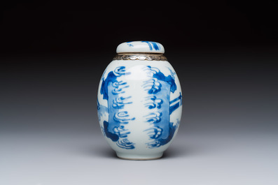 A silver-mounted Chinese blue and white tea caddy and cover, artemisia leaf mark, Kangxi