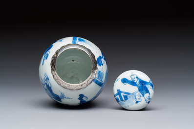 A silver-mounted Chinese blue and white tea caddy and cover, artemisia leaf mark, Kangxi