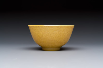 A Chinese yellow-glazed incised 'Dragon and Phoenix' bowl, Xianfeng mark and of the period