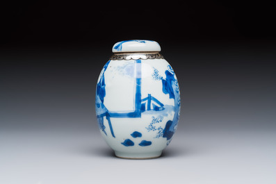 A silver-mounted Chinese blue and white tea caddy and cover, artemisia leaf mark, Kangxi