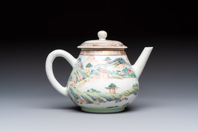 A Chinese famille rose 'Mountainous Landscape' teapot and cover, Yongzheng