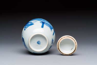 A silver-mounted Chinese blue and white tea caddy and cover, artemisia leaf mark, Kangxi