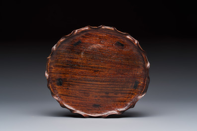 A Chinese Dehua blanc de Chine 'Lotus Leaf and Frog' brush washer on a wooden stand, Kangxi/Yongzheng