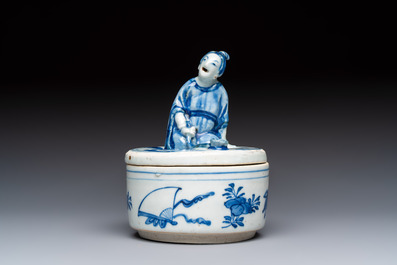 A rare Japanese blue and white 'Pipe Smoker' incense burner and cover, Edo, 17th C.