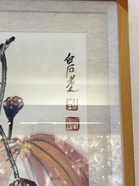 In the manner of Qi Baishi (1864-1957): 'Kingfishers Among Lotus', ink and colour on paper, signed