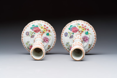 A pair of Chinese famille rose candlesticks with floral design, Qianlong