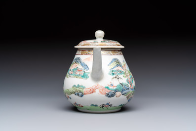 A Chinese famille rose 'Mountainous Landscape' teapot and cover, Yongzheng