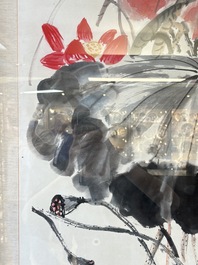 In the manner of Qi Baishi (1864-1957): 'Kingfishers Among Lotus', ink and colour on paper, signed
