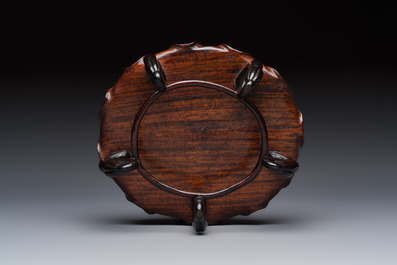 A Chinese Dehua blanc de Chine 'Lotus Leaf and Frog' brush washer on a wooden stand, Kangxi/Yongzheng