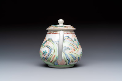 A Chinese famille rose 'Mountainous Landscape' teapot and cover, Yongzheng