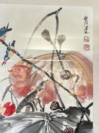 In the manner of Qi Baishi (1864-1957): 'Kingfishers Among Lotus', ink and colour on paper, signed