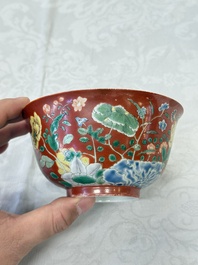 A Chinese falancai coral-red-ground bowl, Yongzheng mark, 18/19th C.