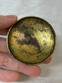 A fine Chinese parcel-gilt bronze 'Bird Among Blossoming Plum Branches' box and cover, 18th C.