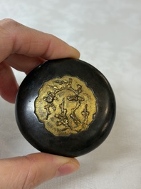 A fine Chinese parcel-gilt bronze 'Bird Among Blossoming Plum Branches' box and cover, 18th C.
