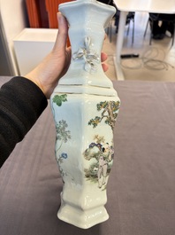 A Chinese qianjiang cai 'Wu Zi Deng Ke 五子登科' hexagonal vase, sigend Xian Cha 仙槎, dated 1915