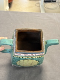 Two Chinese enamelled Yixing stoneware teapots, 19th C.