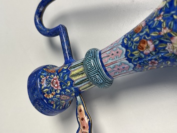 A Chinese Canton blue-ground enamel ewer and cover with floral design, 19th C.